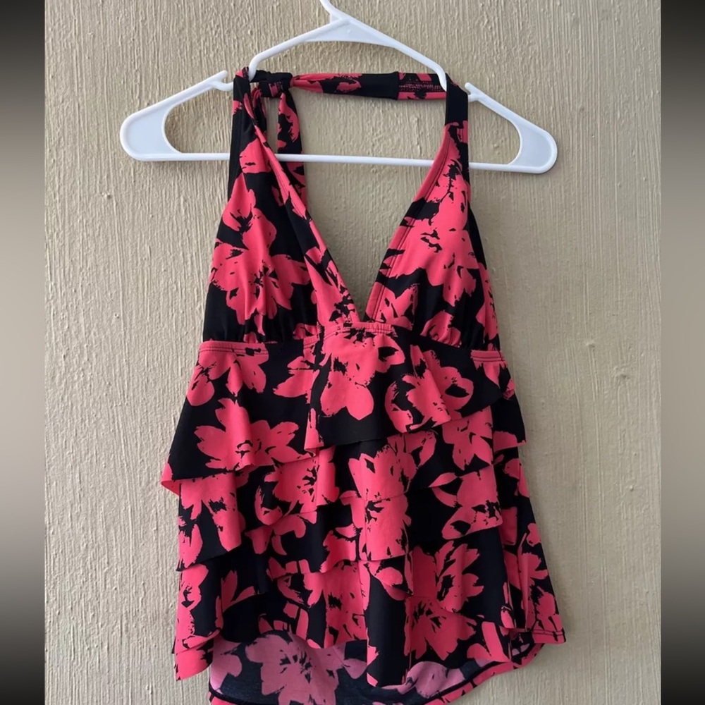Aqua Green Red Black Tiered Ruffle Front Halter Tankini Swim Top Size Large